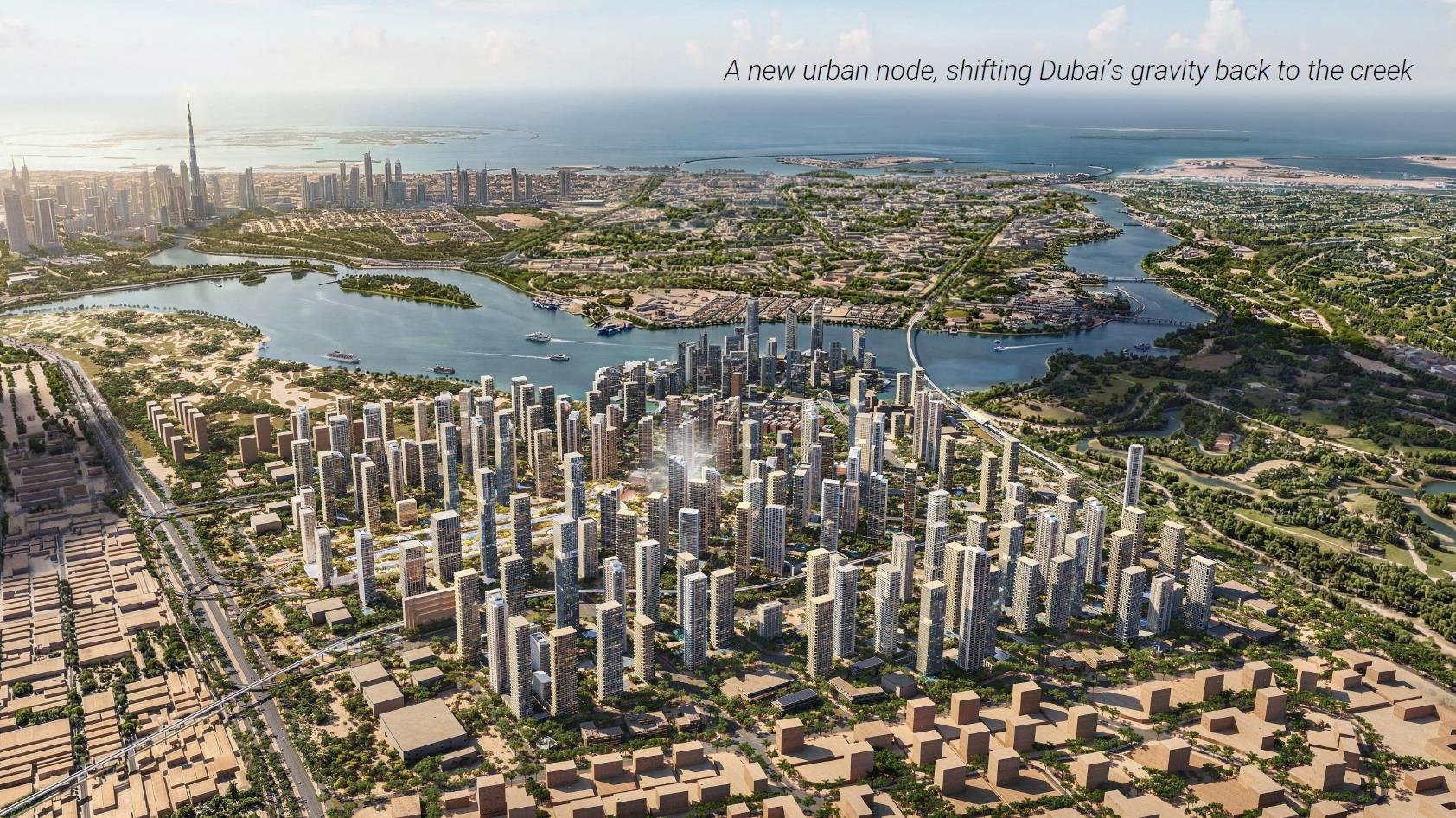 Masterplan aerial render of Dubai Creek Harbour districts