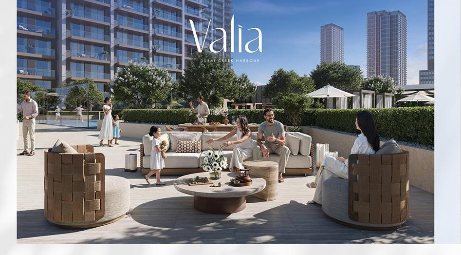 Shaded seating and terrace landscape at VALIA