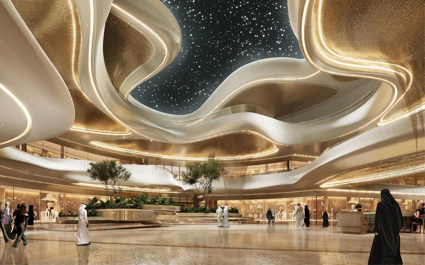 Interior render of Dubai Square Mall beneath its daylit canopy