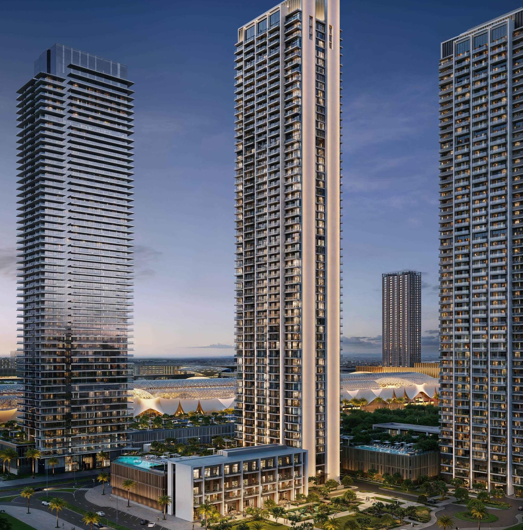 Architectural render of the two VALIA towers at Dubai Creek Harbour