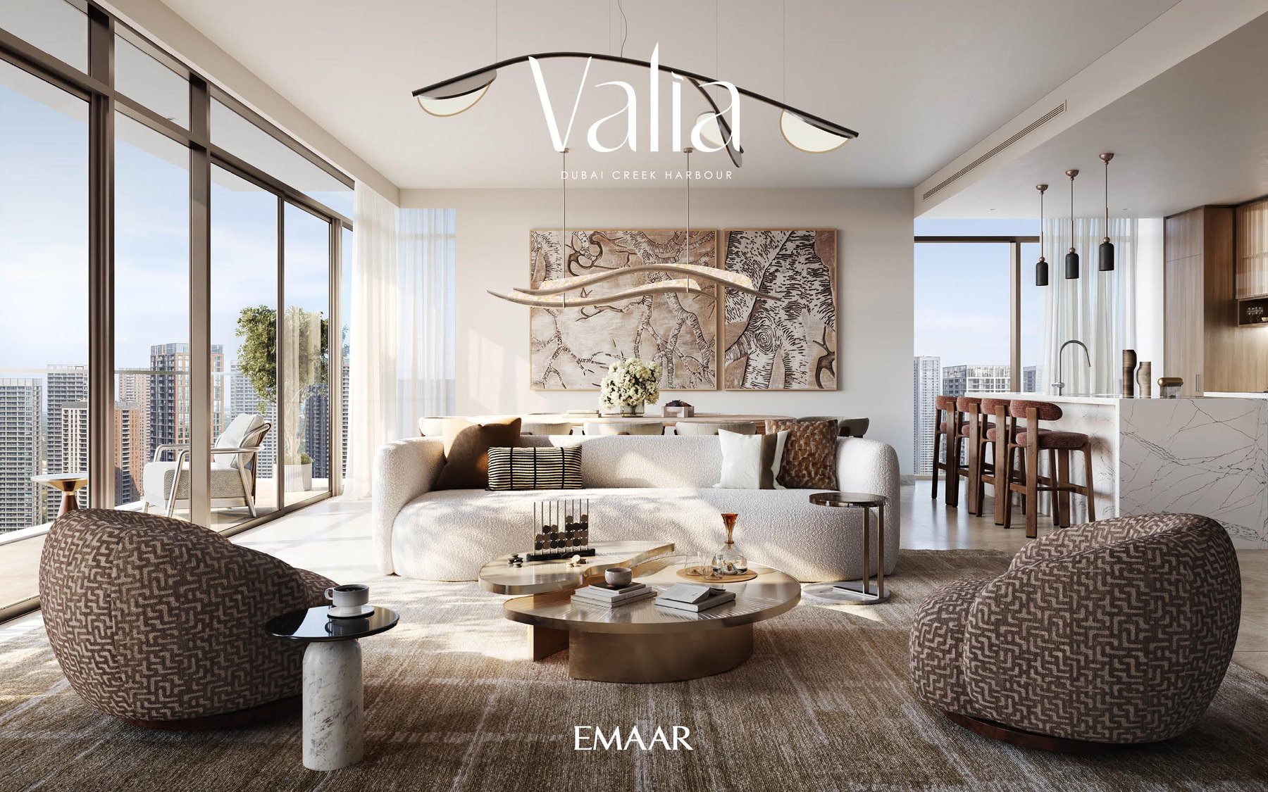 VALIA living room interior with balcony beyond